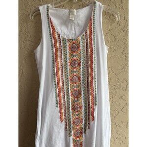 Chico’s Women's Petite OP Embroidered(S4)Gauze  White Colorful  Midi Lined Dress